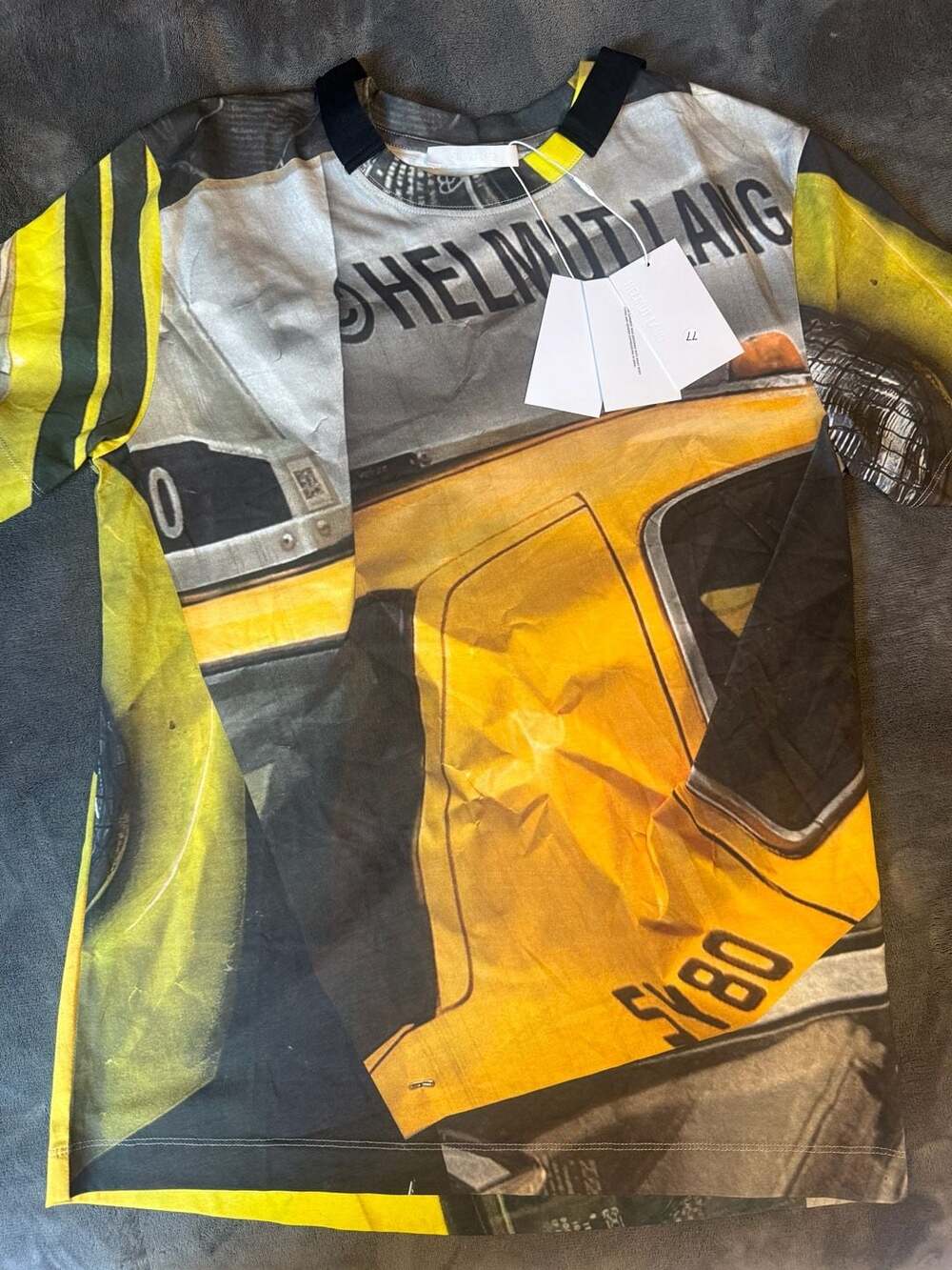 Helmut Lang Crinkled Photo Print T-Shirt Yellow Car LT Size XS